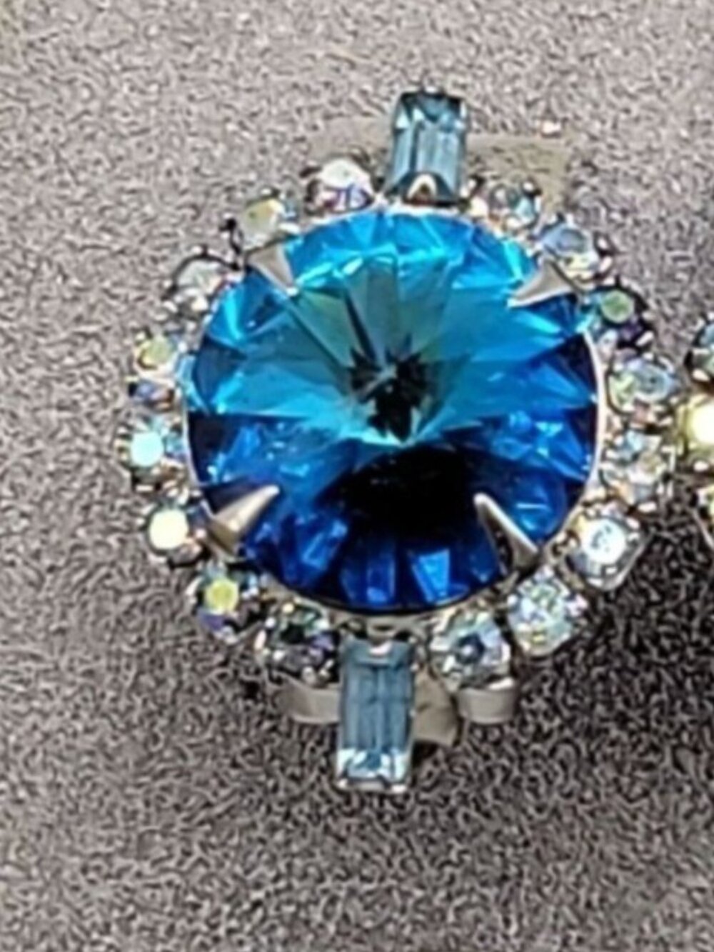 Juliana D&E Blue Rivoli Clip Earrings AB Rhinestone Halo & Baguette Accents VTG - Picture 4 of 9